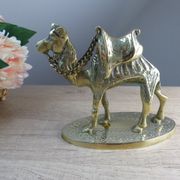 Vintage handmade brass camel figurine sculpture on base.