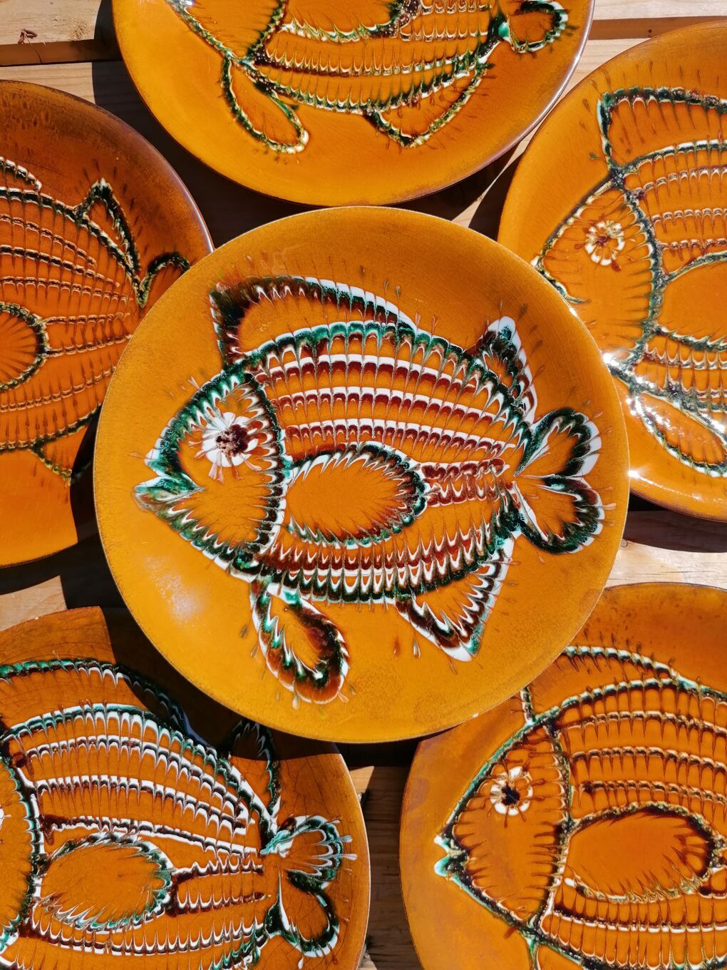 6 flat fish glazed plates