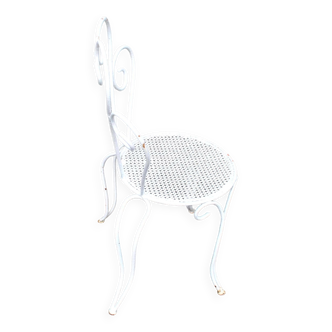 Vintage garden chair in openwork white wrought iron and scrolls - 1950s