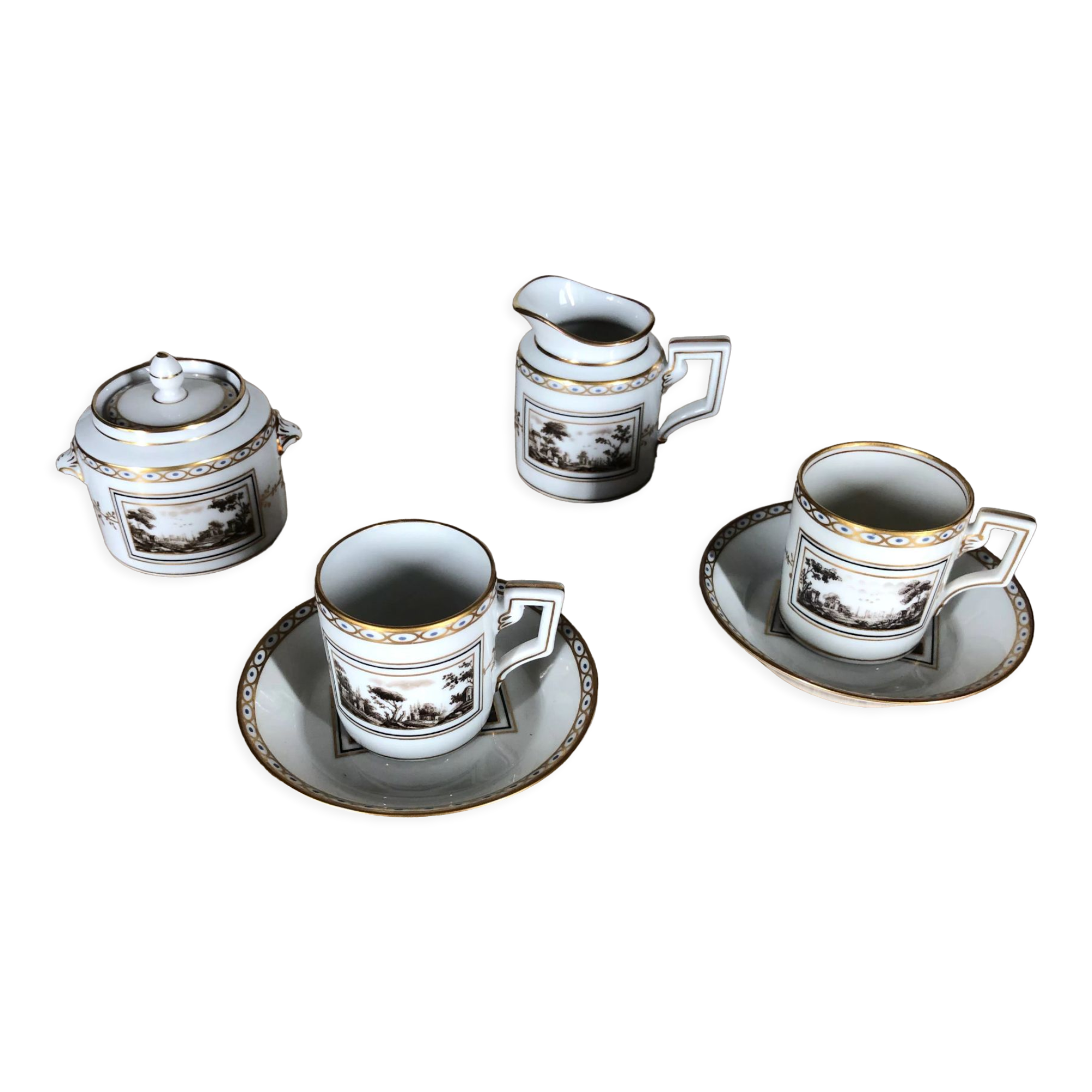 Mocha cups, creamer & sugar bowl in porcelain Richard Ginori