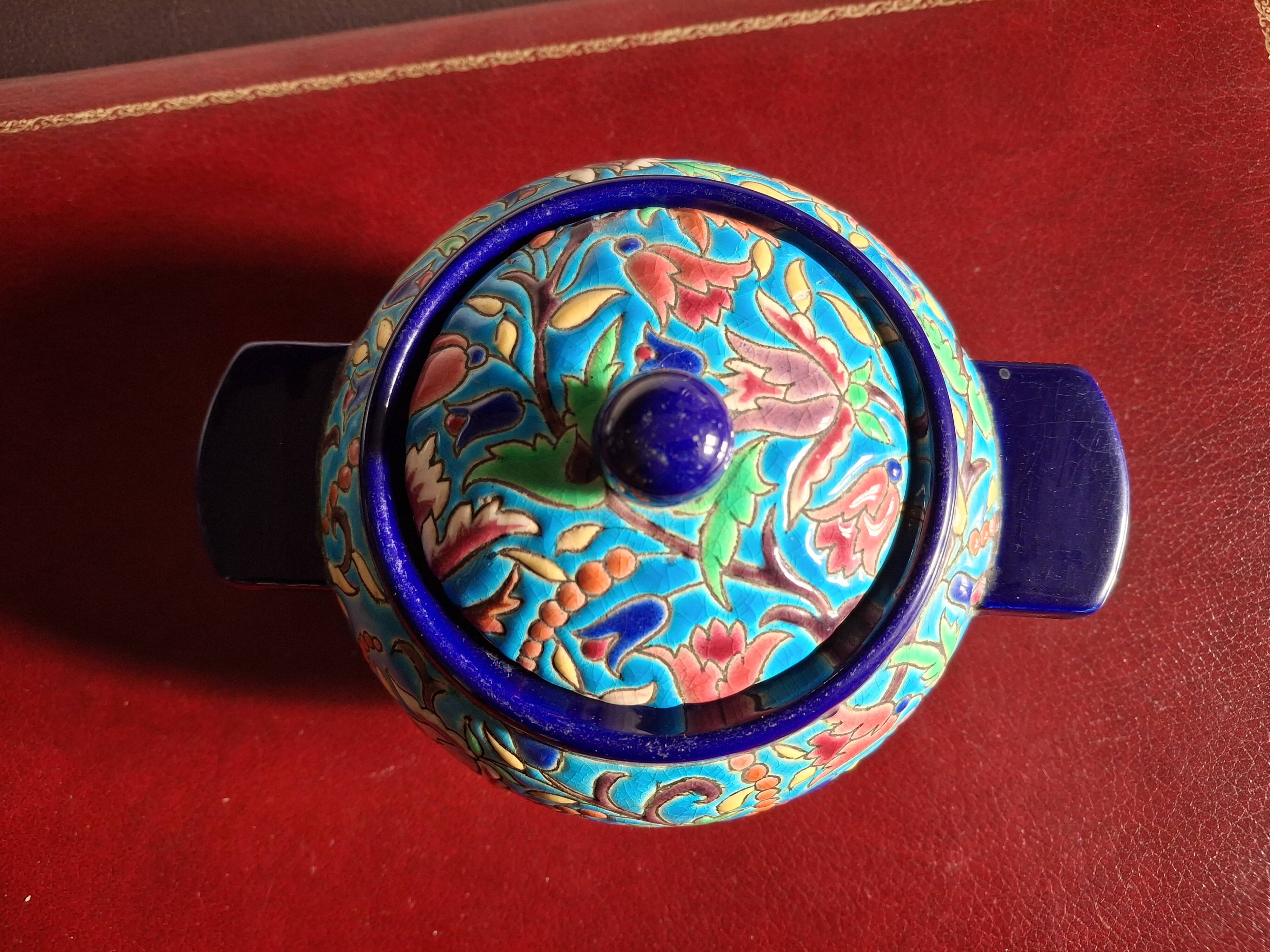 Cloisonné enamel tea service from Longwy in excellent condition.
