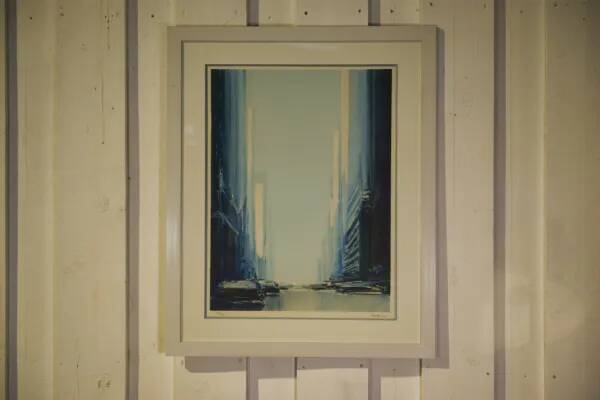 Futuristic lithograph of New York by Pierre Doutreleau 1970s