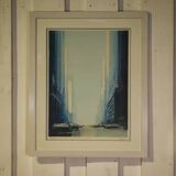 Futuristic lithograph of New York by Pierre Doutreleau 1970s