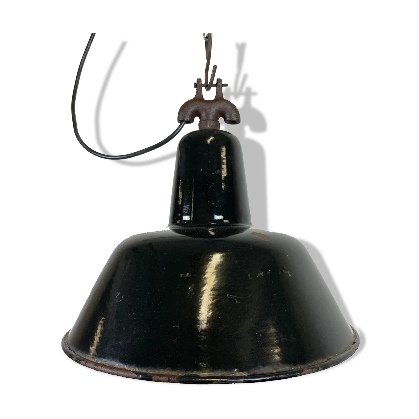 Industrial black enamel factory lamp with cast iron top, 1950s