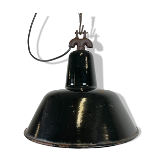 Industrial black enamel factory lamp with cast iron top, 1950s