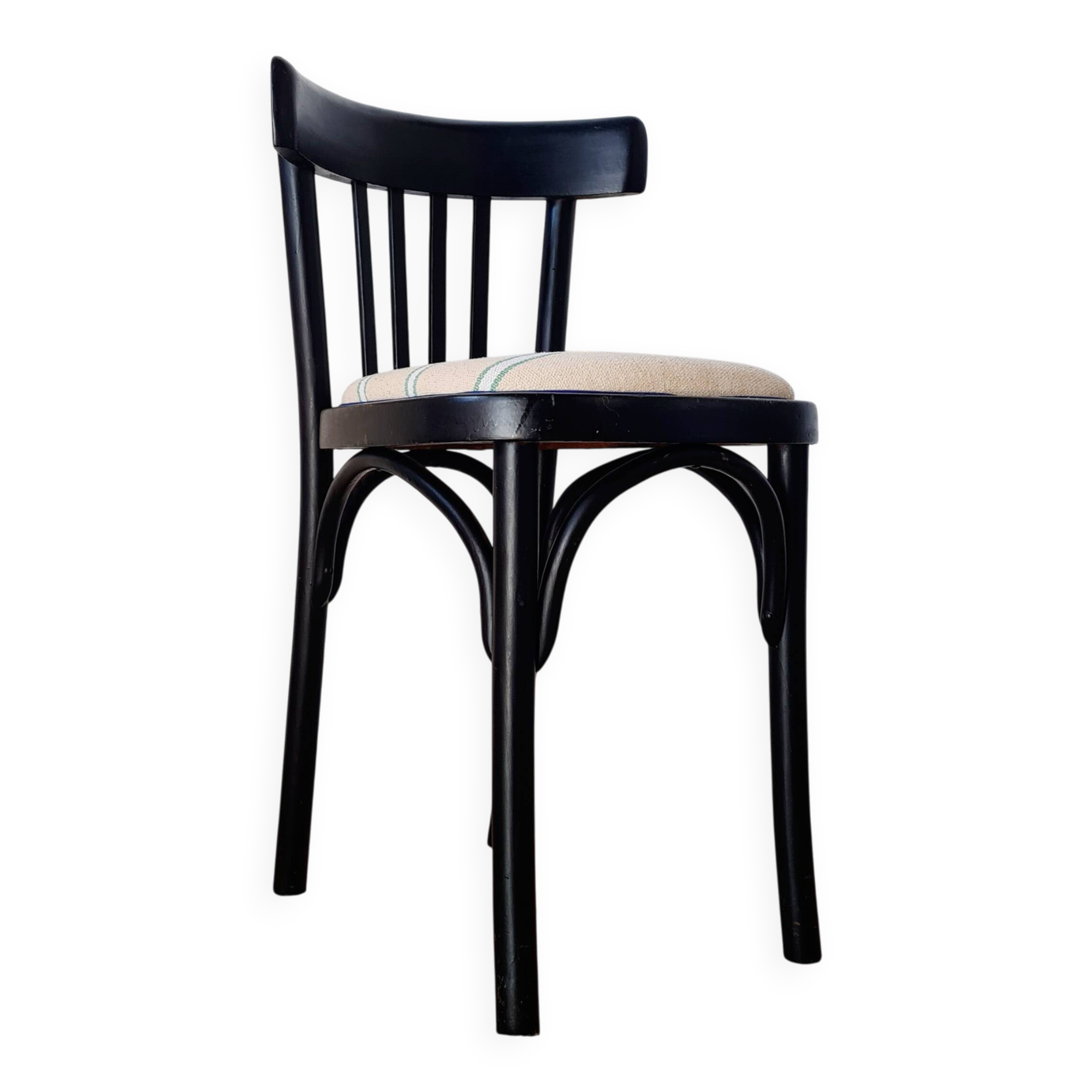 Curved black wooden bistro chair with striped seat