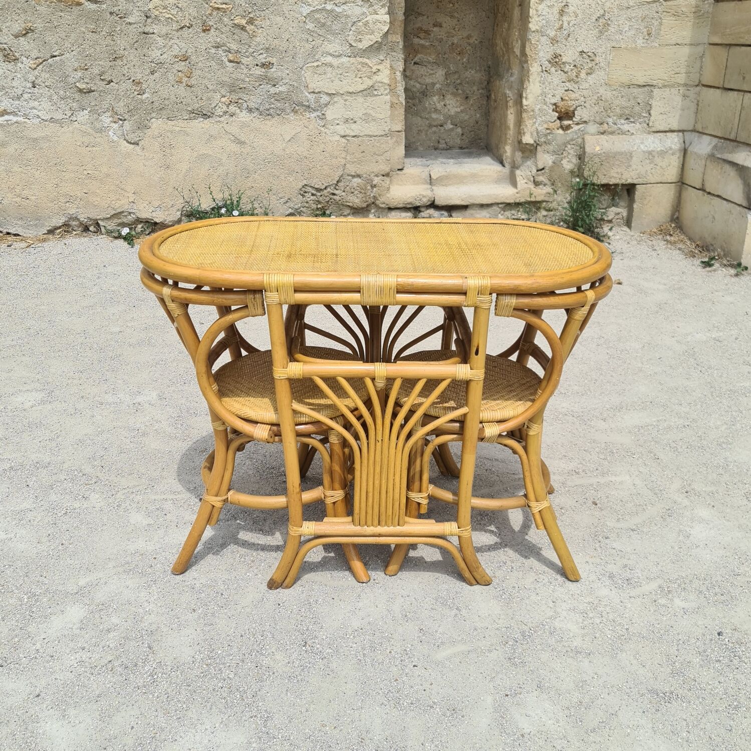Table and chairs bistrot head to head rattan bamboo 1970