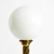 Large 1960s brass column-style table lamp with frosted glass globe