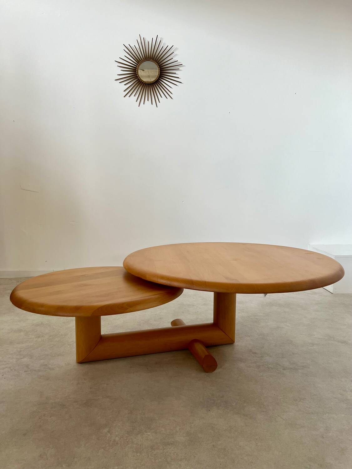 Table basse en bois à 2 plateaux ajustables, Roche Bobois années 80