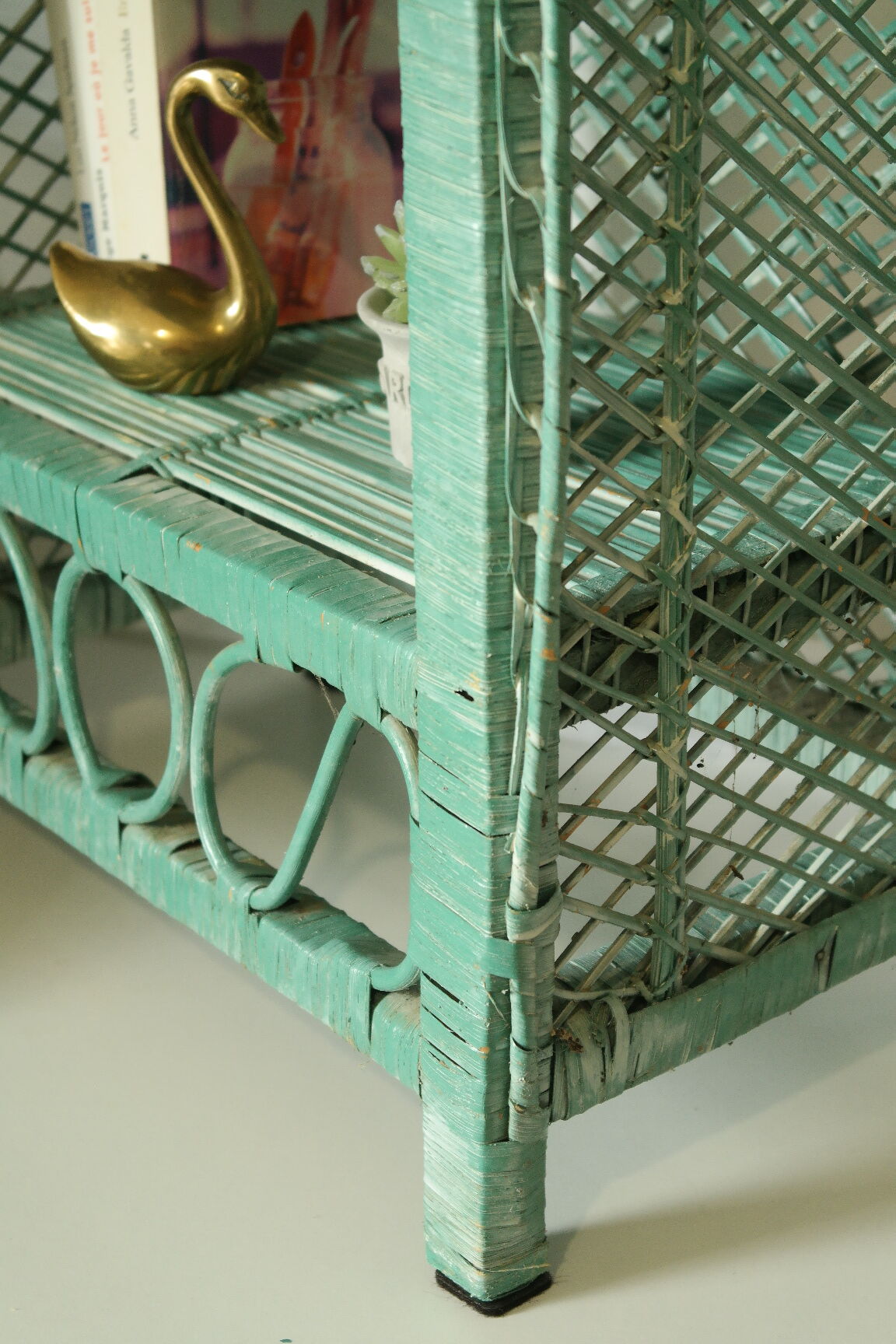 Vintage mint green wicker bookcase