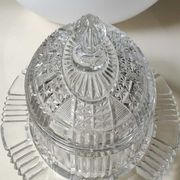 Old Art Deco butter dish, molded glass, Portieux style Star motifs, braces, diamonds
