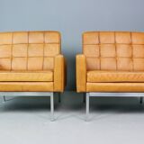 Set of two cognac leather Florence Knoll lounge chairs model 65a