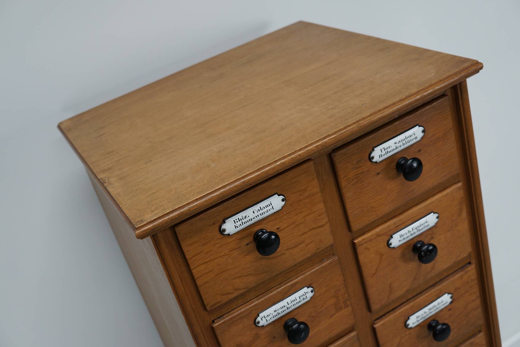 German Oak Apothecary Cabinet with Enamel Shields, 1940s