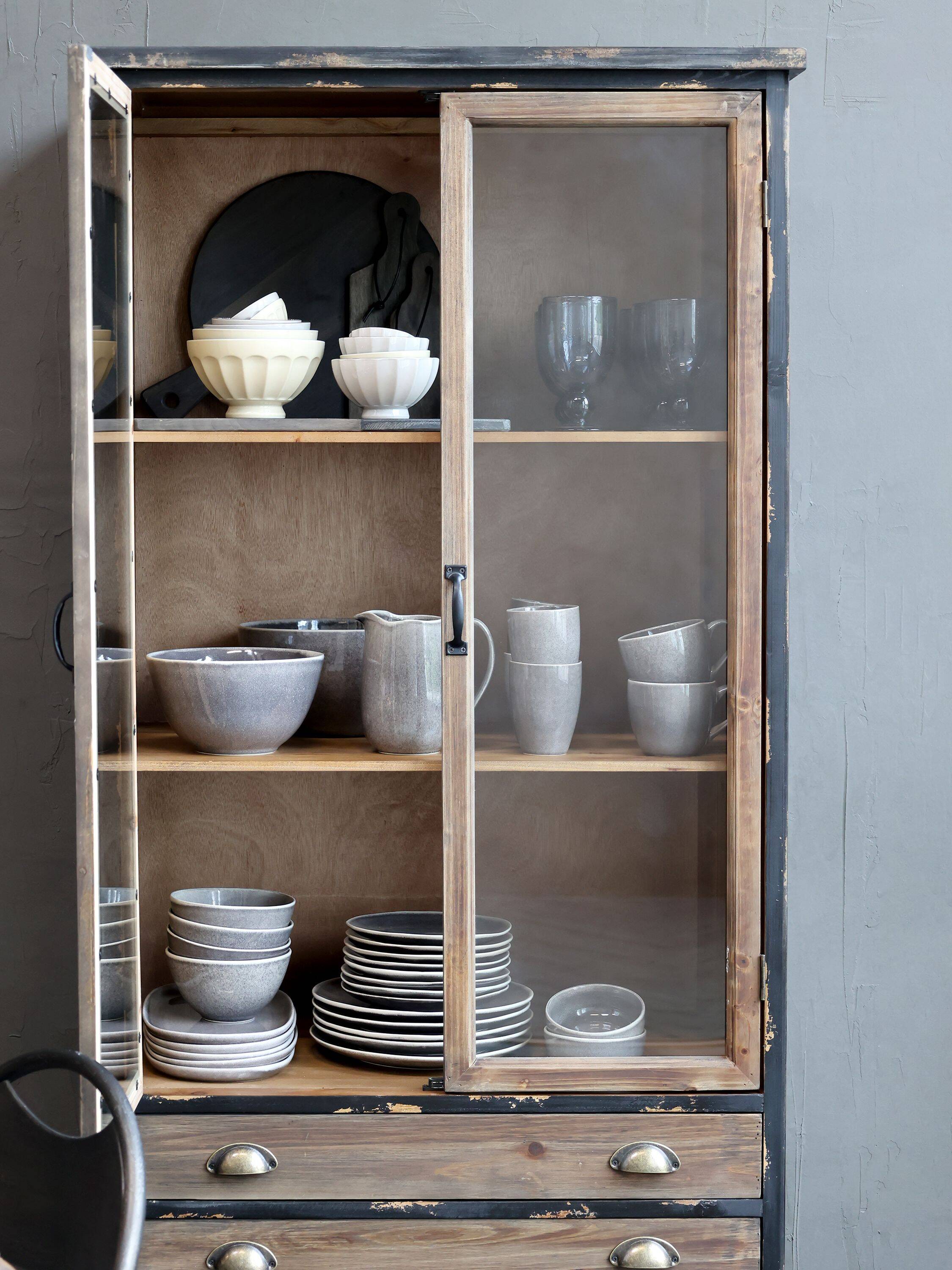 Display cabinet – Vintage sideboard with wooden drawers and glass doors