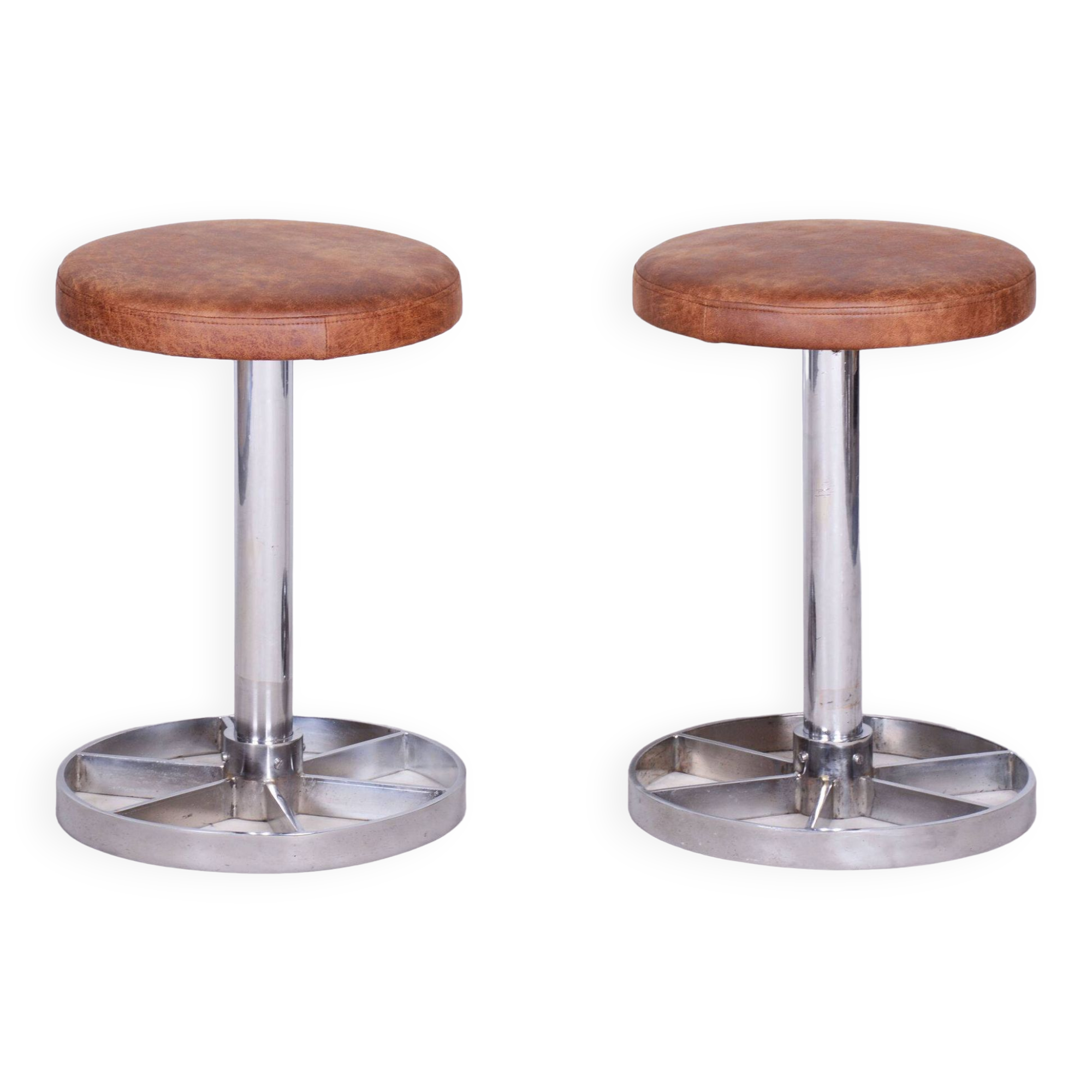 Pair of Bauhaus Chrome-Plated Steel Stools, Brown Leather, Czech, 1930-1939