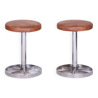 Pair of Bauhaus Chrome-Plated Steel Stools, Brown Leather, Czech, 1930-1939