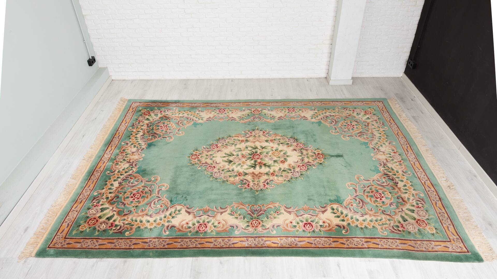 French Green Wool and Floral Rug in the style of Aubusson, 20th Century