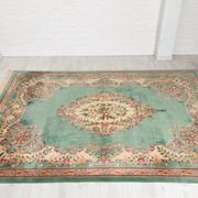 French Green Wool and Floral Rug in the style of Aubusson, 20th Century