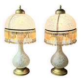 Paire de lampes de table vintages en verre moucheté avec franges