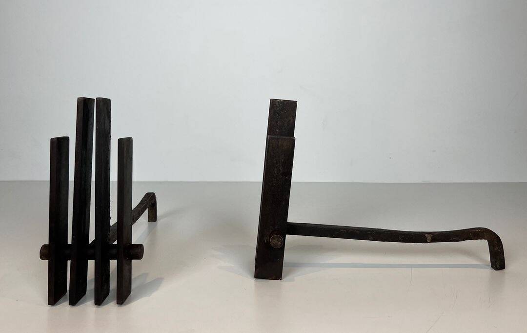 Pair of Modernist Steel Andirons with Vertical Bar Supports