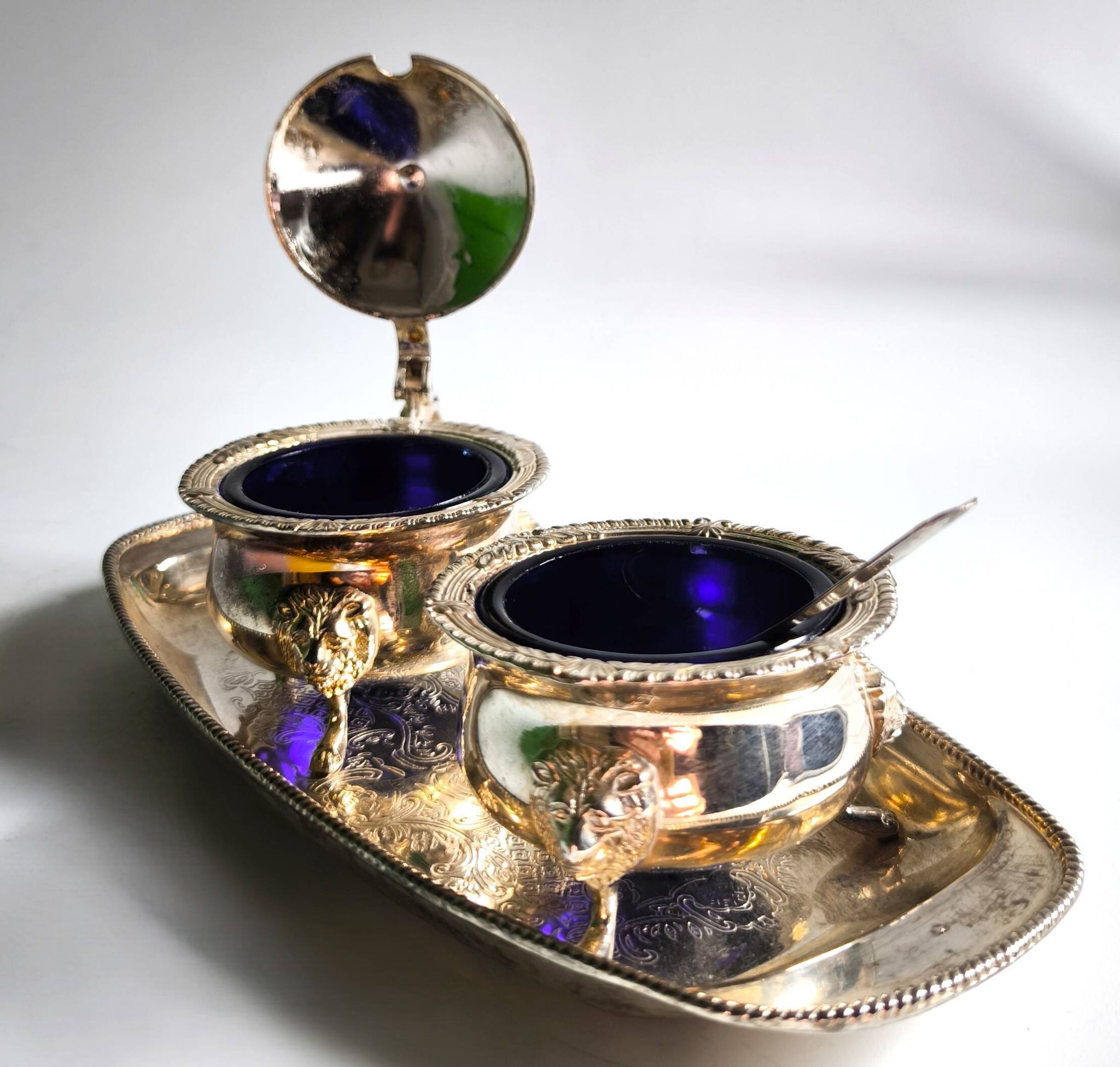 Caviar or cobalt blue condiment set from the first half of the 20th century.