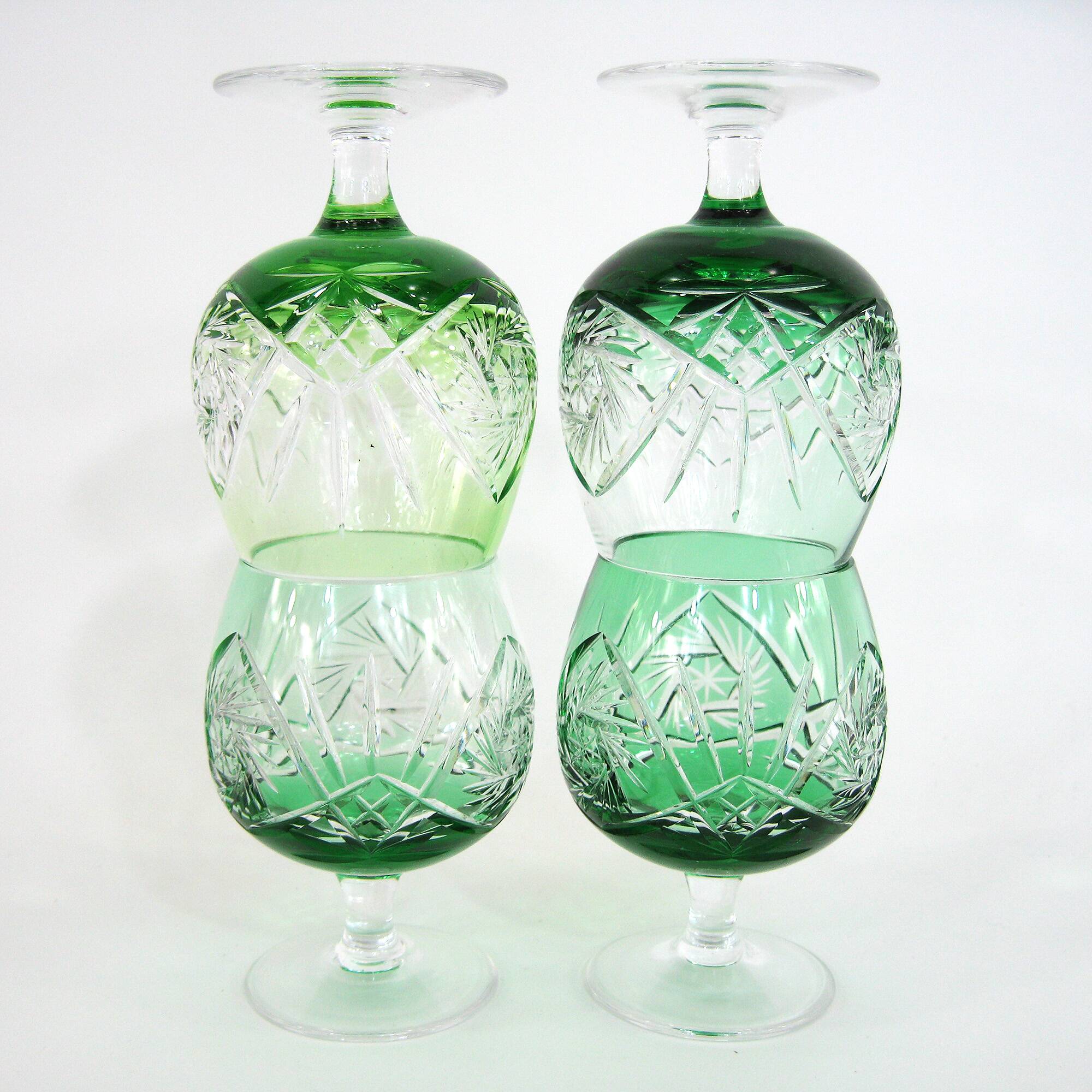 4 green cut crystal liqueur glasses - made in Germany - vintage 60s