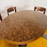 Old inlaid wood table designed by Dieter Waeckerlin Idealheim from the 60s, extendable