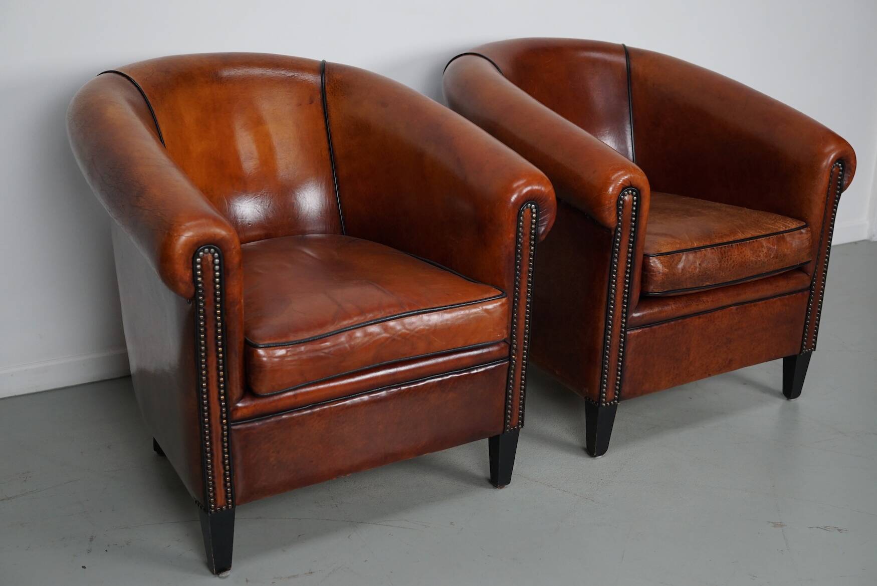 Vintage Dutch Cognac Colored Leather Club Chair, Set of 2