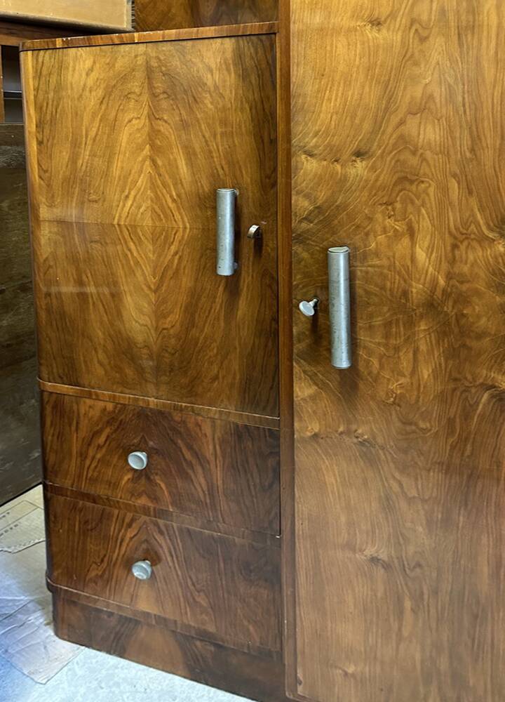 Asymmetrical wardrobe, Art Deco, 1930s walnut burl, wardrobe, shelves, drawers