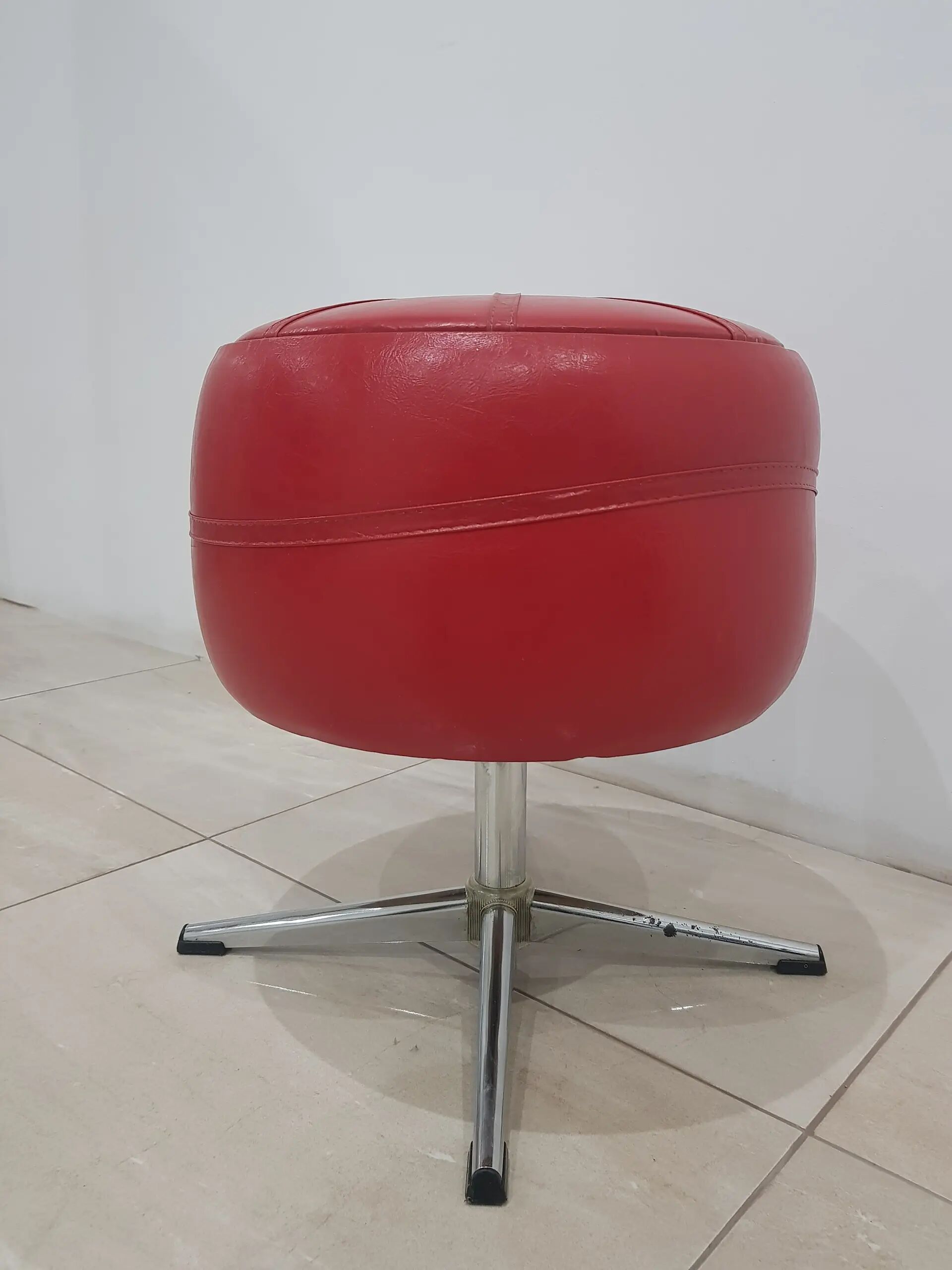 Pouf with storage function, red vinyl, chrome, Germany, 1960s