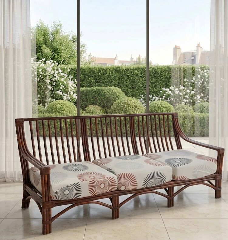 3-seater canapé MAUGRION – Rattan, leather ties – Vintage