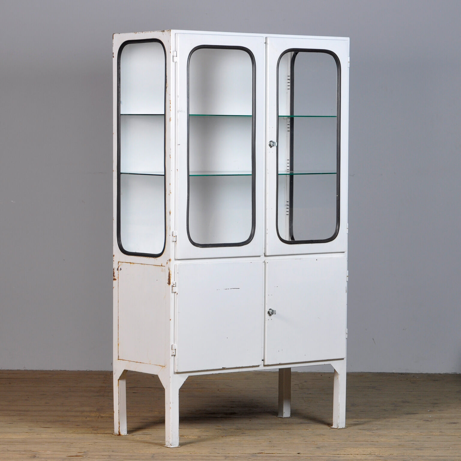 Vintage glass & iron medical cabinet, 1970s