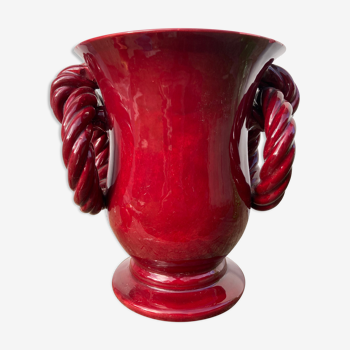 Cache pot rouge bordeaux à anse style Saint Clément art déco 1930