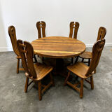 Rare majestic Depuydt brutalist oak dining set/chairs/table– Belgium, 1970s