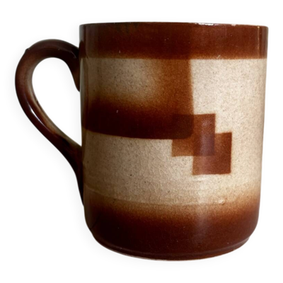 Vintage années 70 ancien mug en faïence motif graphique cubique marron