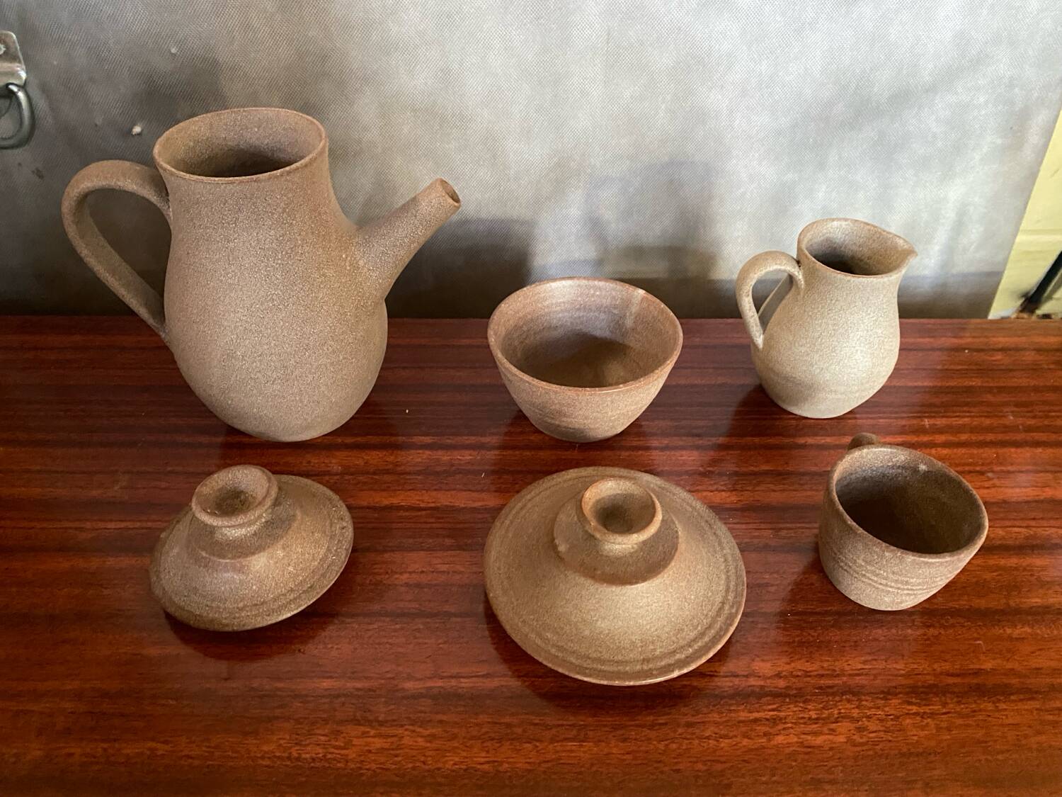 Lot old tea coffee service vallauris style ceramic beige 9p vintage #b843