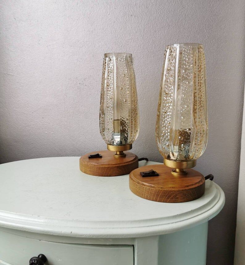 Wooden lamps with gilded glass hood, 70s