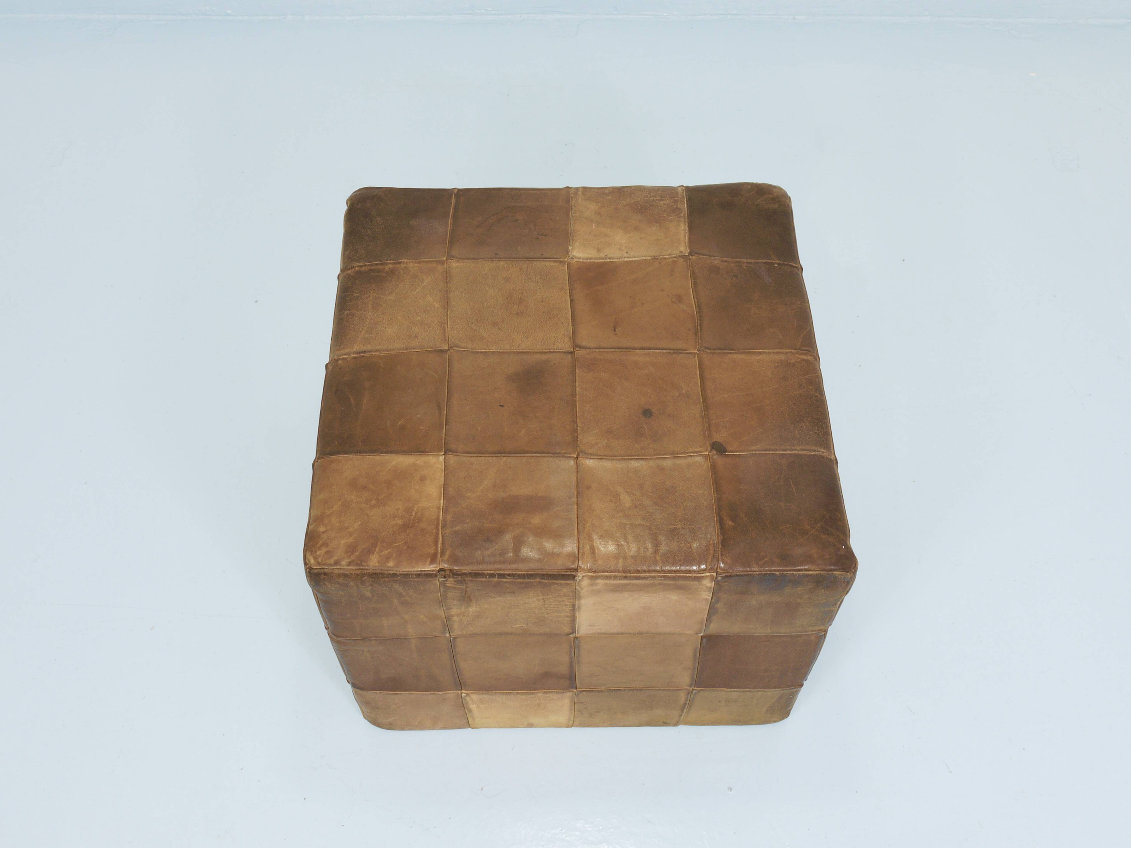 De Sede Patchwork Leather Cube Stool, Pouf, Ottoman, Switzerland, 1970s