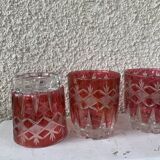 7 aperitif glasses in red and transparent glass chiseled vintage