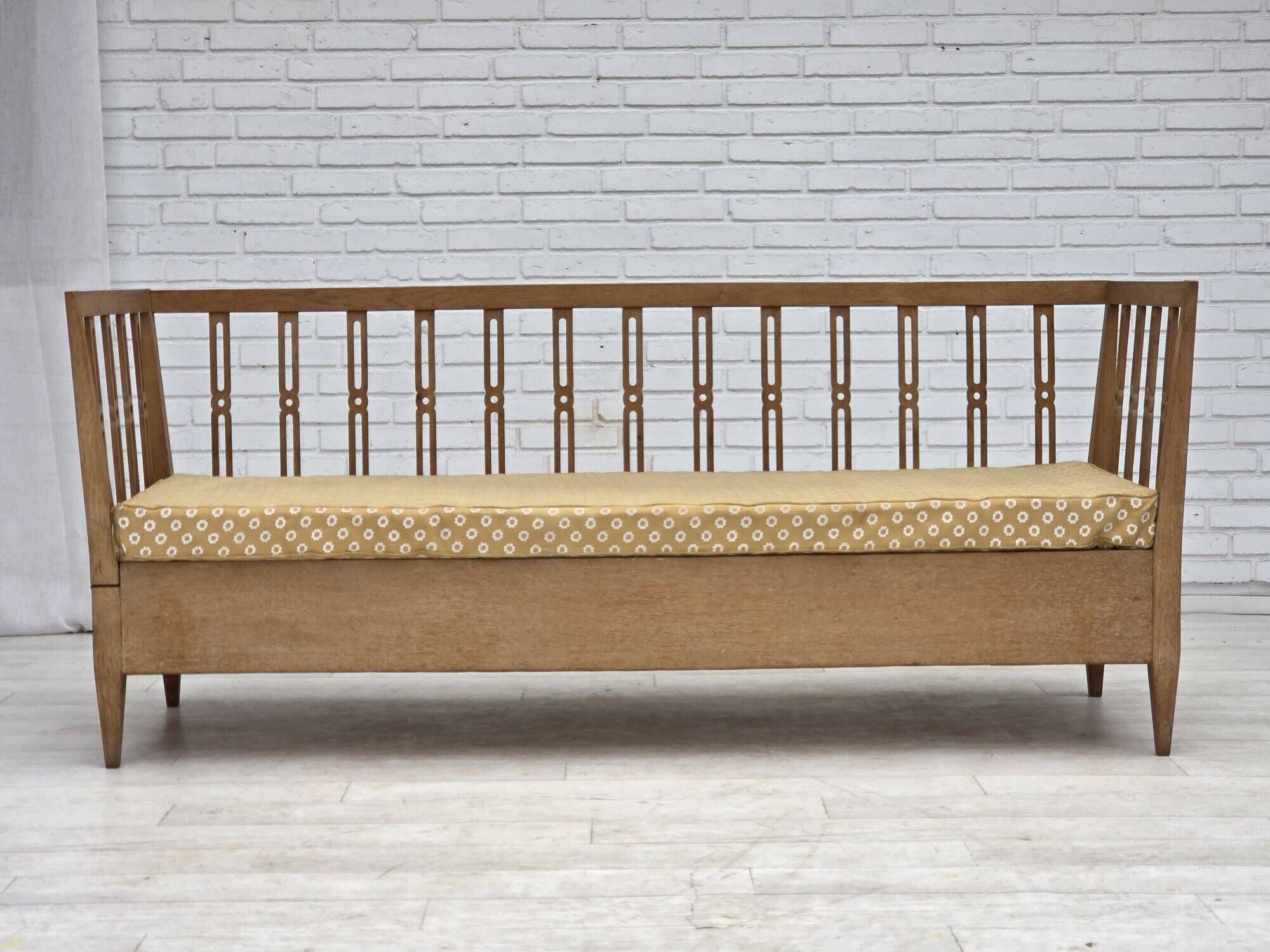 1970s, Swedish drop arm sofa/daybed, furniture fabric, oak wood.