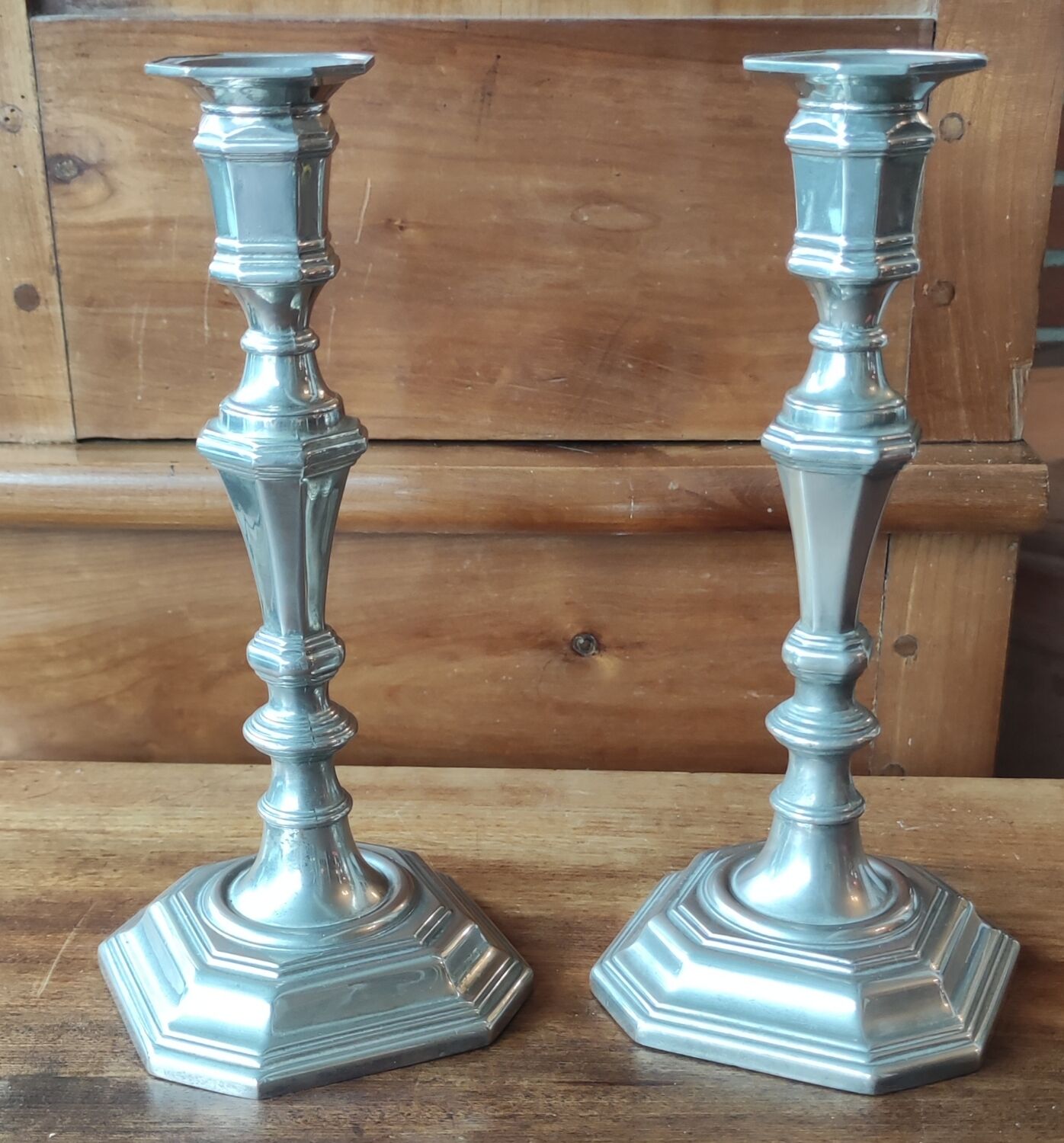 Pair of old silver metal candlesticks