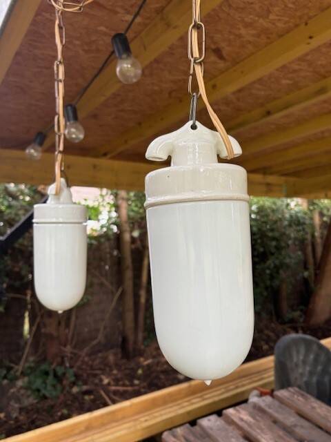 pair of porcelain and opaline pendant lights - Denmark 1950s