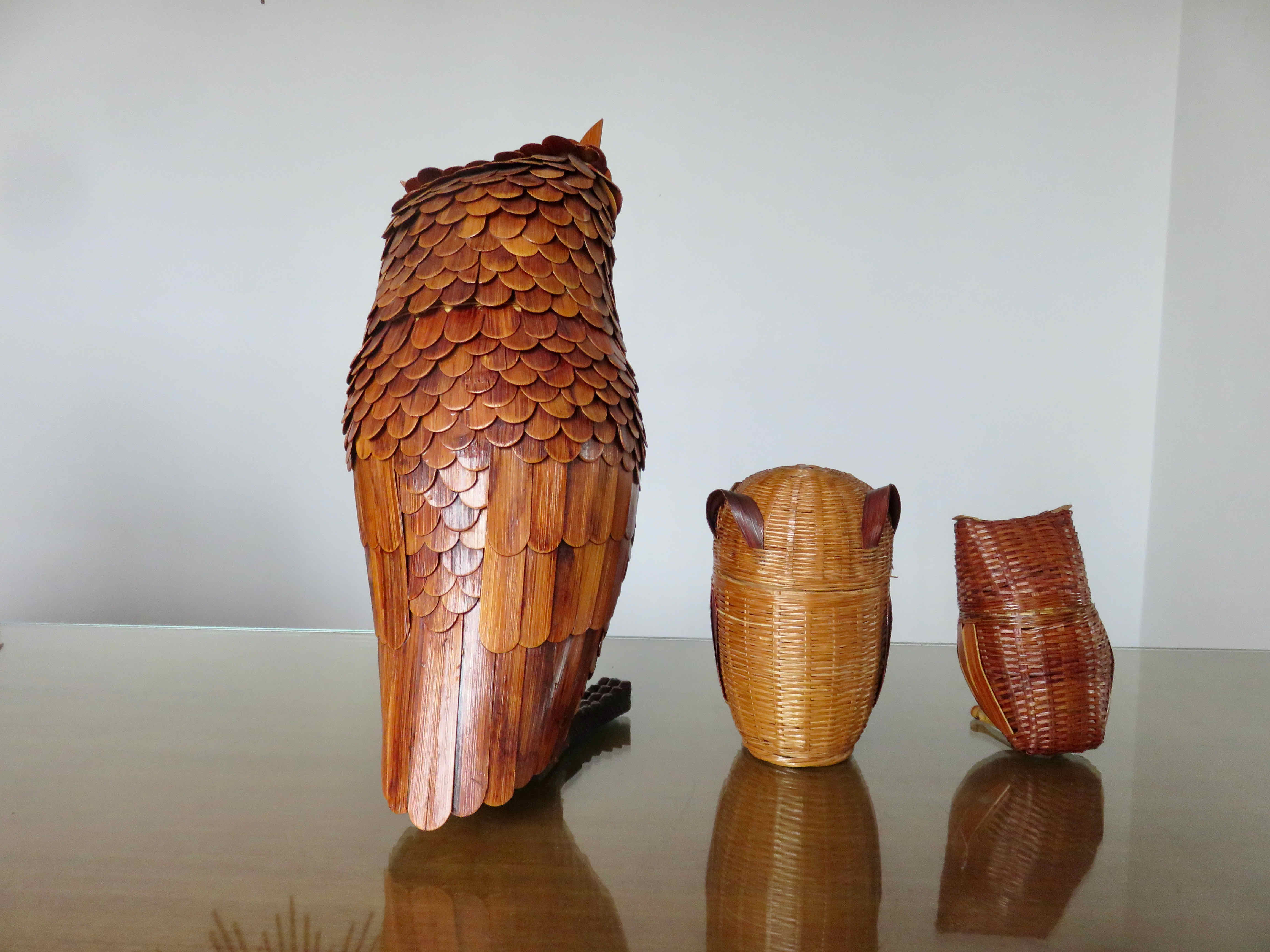 Set of 3 boxes "owl" bamboo 70s