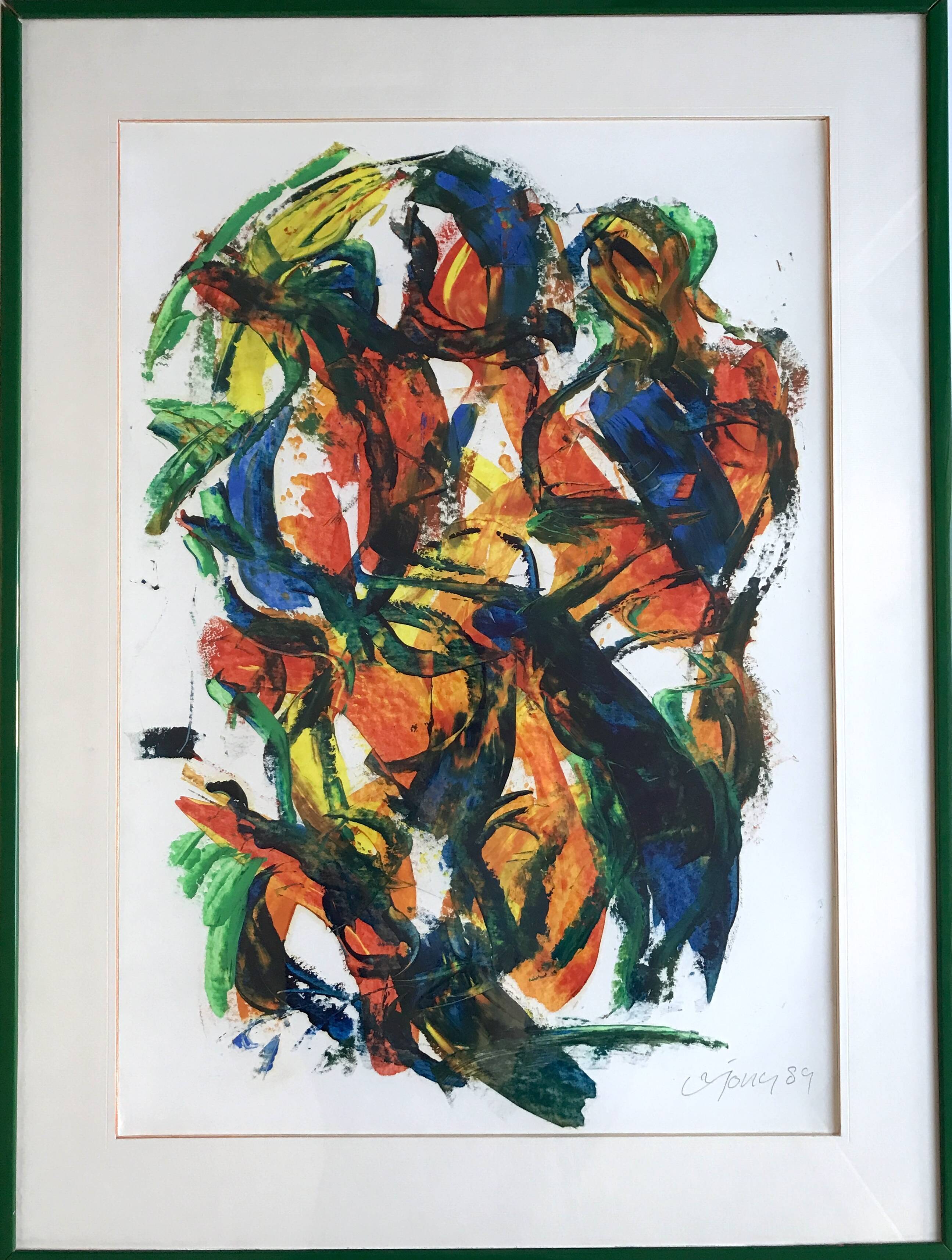 Composition abstraite orange et verte, gouache sur papier, 1989
