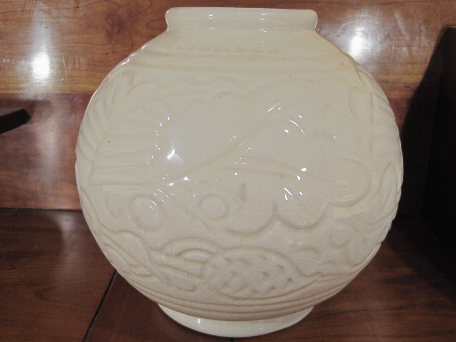 ART DECO cracked earthenware vase white Ecru St. CLEMENT bird series