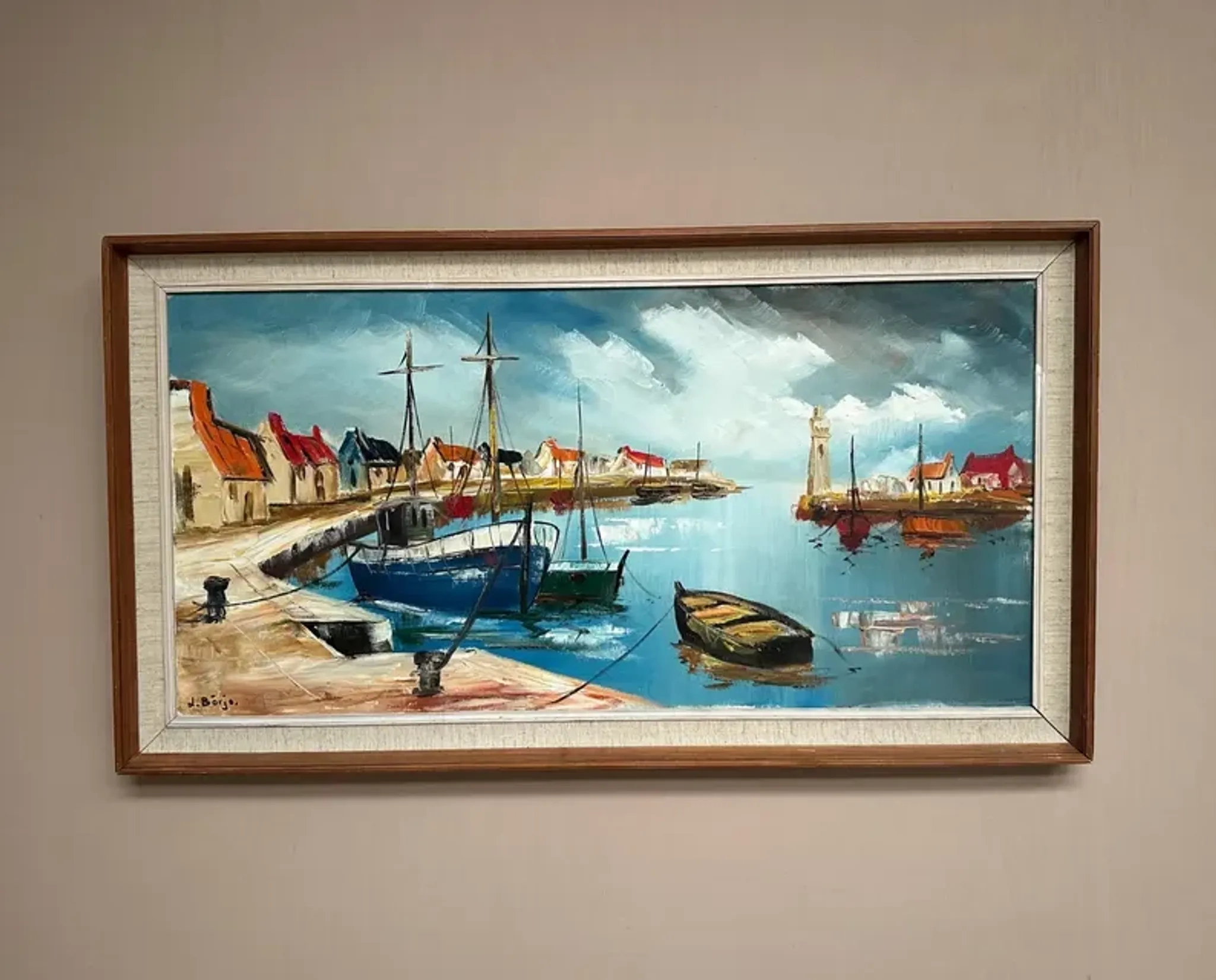 Original Swedish Oil on Canvas – “Boats” by Lennart Börje – Signed – Vintage & Framed 88.5 cm x 48.5 cm (34.8" × 19")