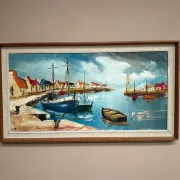 Original Swedish Oil on Canvas – “Boats” by Lennart Börje – Signed – Vintage & Framed 88.5 cm x 48.5 cm (34.8" × 19")