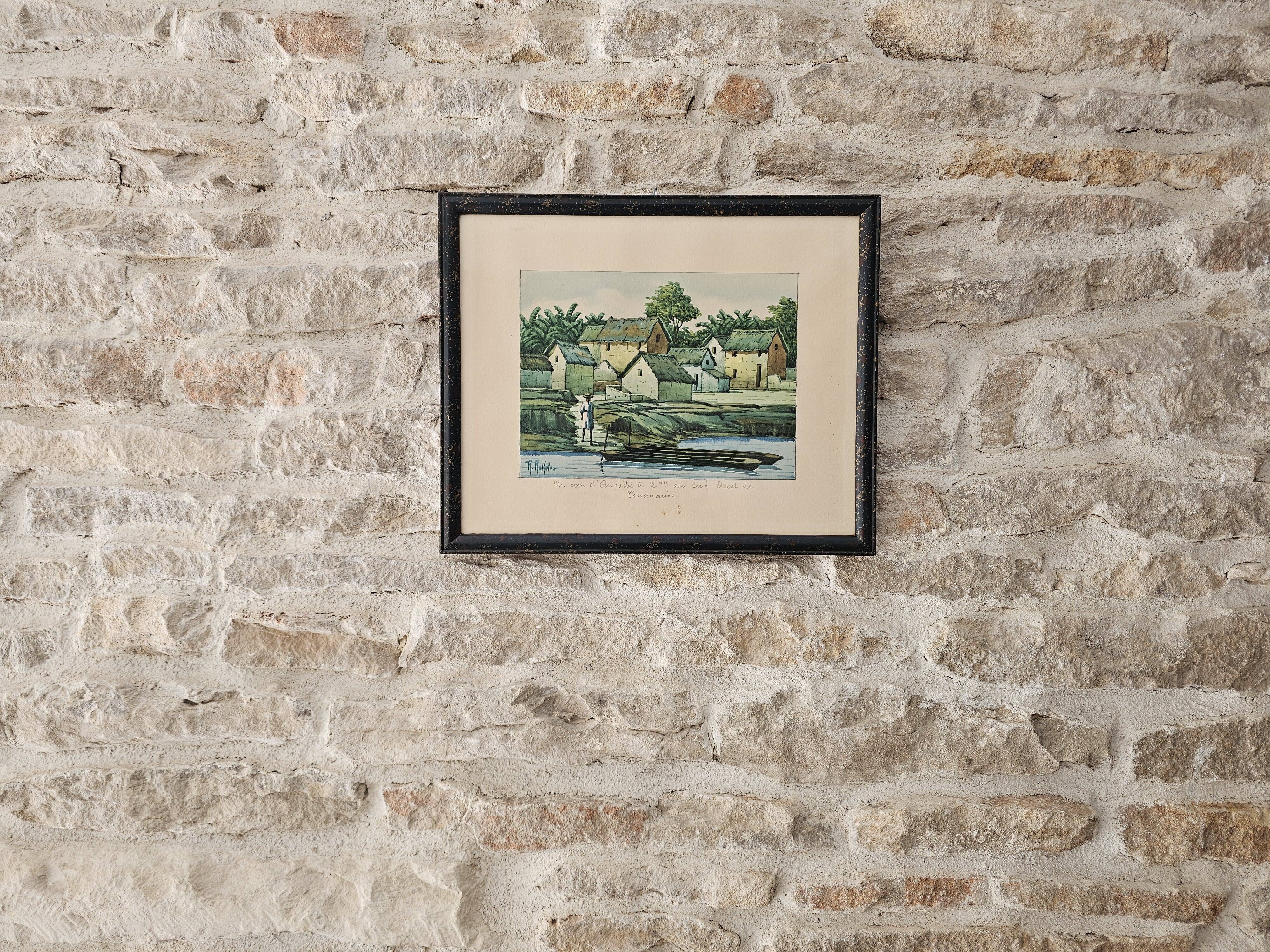Watercolour painting on paper Madagascar Malagasy Village Signed R Rakoto