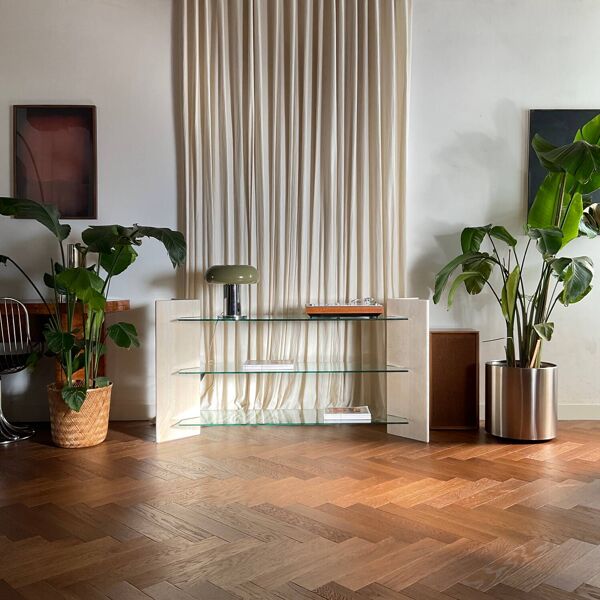 Étagère/Console Artelano Roche Bobois travertin et verre années 70