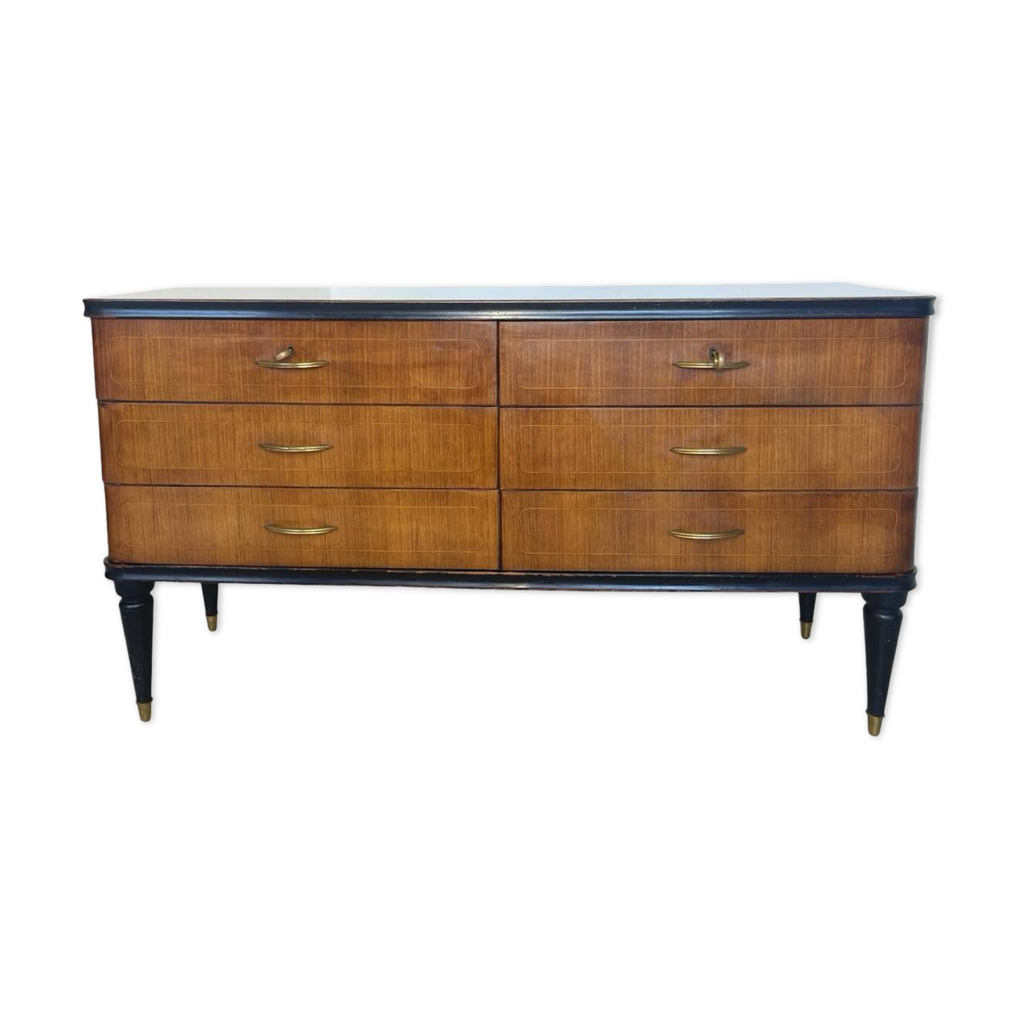 Commode en acajou plaqué avec plateau en verre vert, années 1950